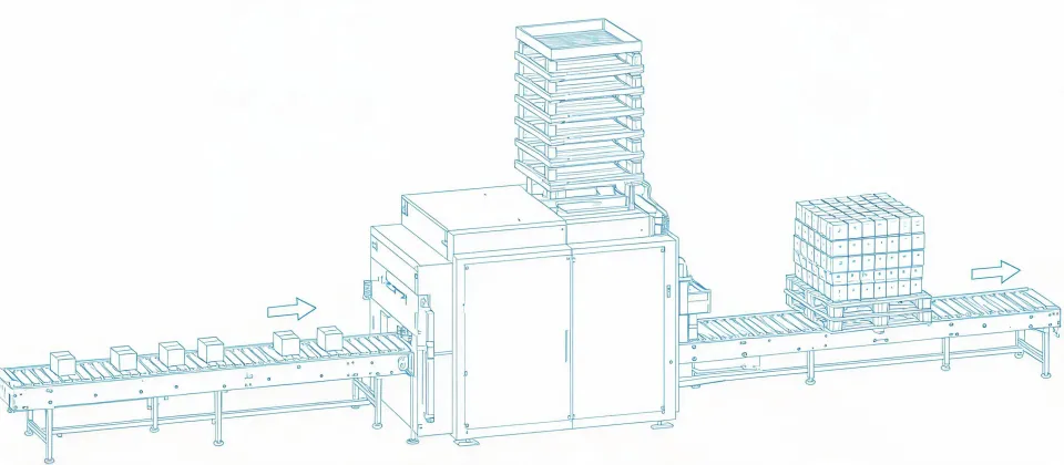 Schematic plant layout showing a layer palletizer cell with infeed and pallet discharge, not a real street map