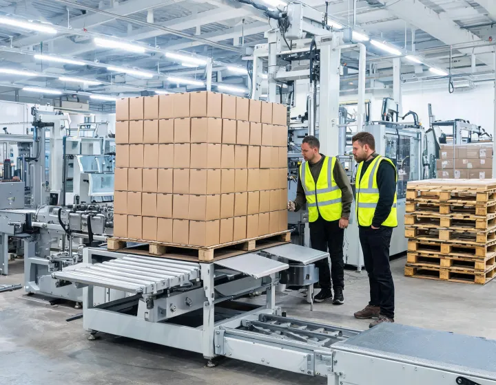 Corrugated cases forming a full layer on a conventional high-level palletizer apron